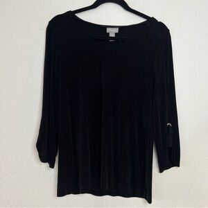 Chico's Travelers Black Roll Tab Sleeve Slinky Blouse Top Womens Size Medium 1